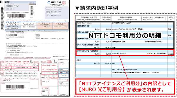 請求内訳印字例。エヌティーティーファイナンスご利用分の内訳として、NURO光ご利用分が表示されます。